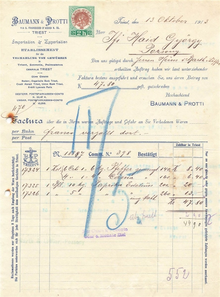 Alte Rechnung,"Baumann & Protti, Triest" 13.10.1913