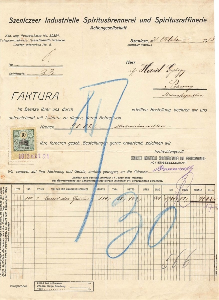 Alte Rechnung,"Szeniczeer Int. Spiritusbrennerei u. Spiritusraffinerie AG, Szenicze" 21.10.1913