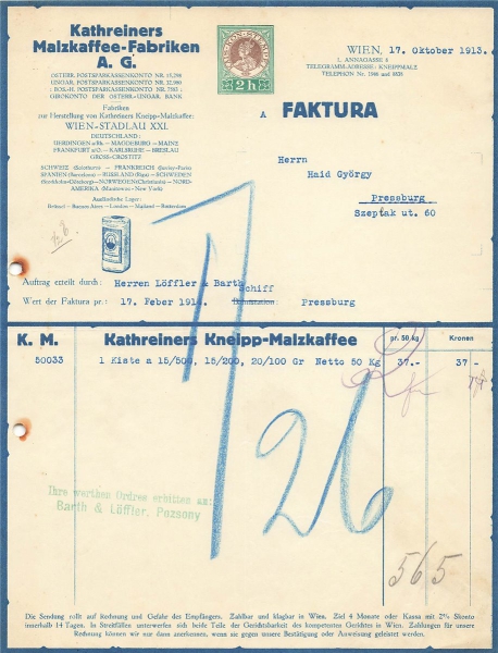 Alte Rechnung,"Kathreiners Malzkaffee-Fabriken AG, Wien" 17.10.1913