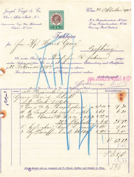 Alte Rechnung,"Joseph Voigt & Co., Wien" 31.10.1913