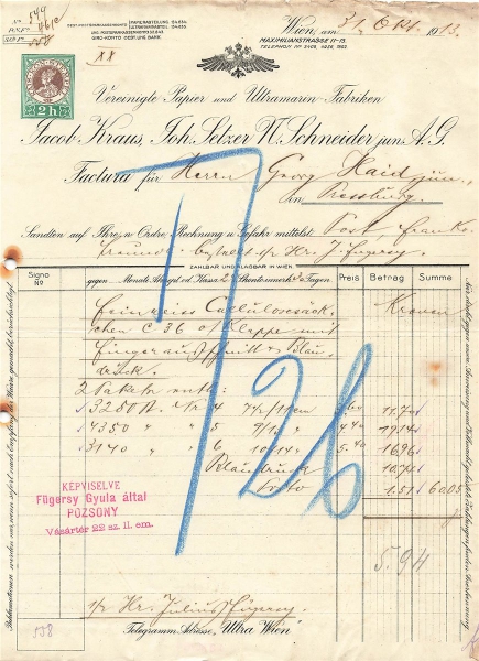 Alte Rechnung,"Vereinígte Papier & Ultramin-Fabriken, Wien" 31.10.1913