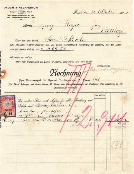 Alte Rechnung,"Jauch & Helferich, Triest" 31.10.1913