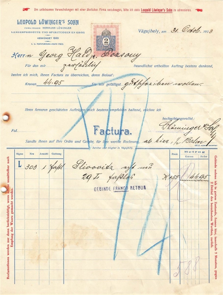 Alte Rechnung,"Leopold Lowinger's Sohn, Vaguihery" 31.10.1913