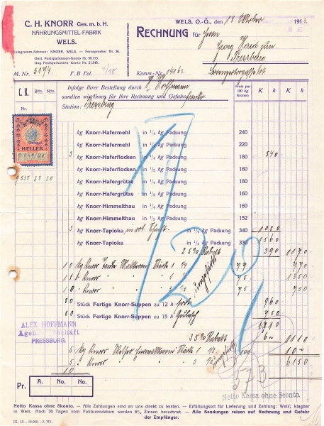 Alte Rechnung,"C. H. Knorr Ges. m. b. H., Wels" 18.10.1913