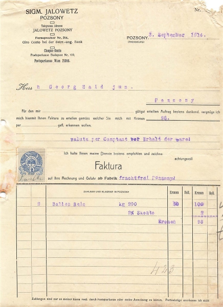 Alte Rechnung,"Sigm. Jalowetz, Pressburg," 03.09.1914