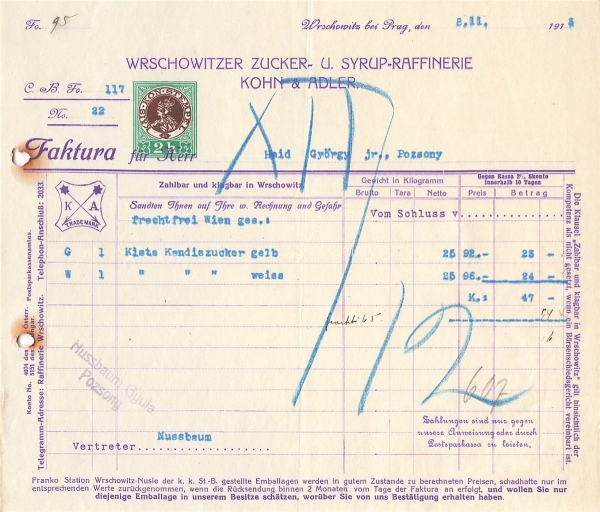 Alte Rechnung,"Kohn & Adler, Wrschowits" 03.11.1913