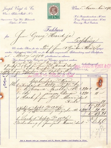 Alte Rechnung,"Joseph Voigt & Co., Wien" 05.11.1913