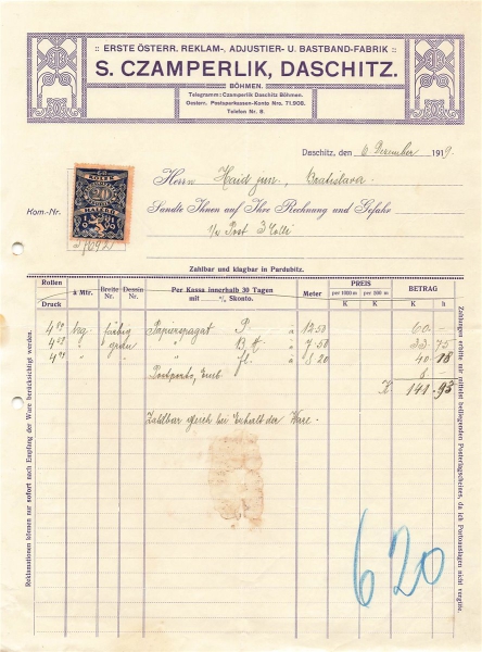 Alte Rechnung,"S. Czamperlik, Daschitz" 06.12.1919