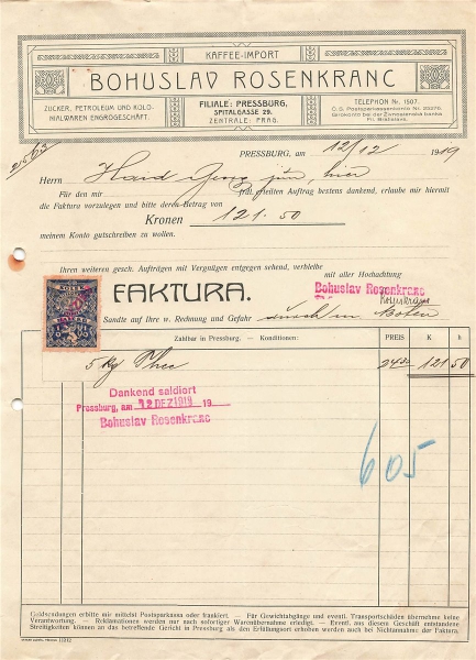 Alte Rechnung,"Bohuslad Ronsenkranc, Pressburg" 12.12.1919