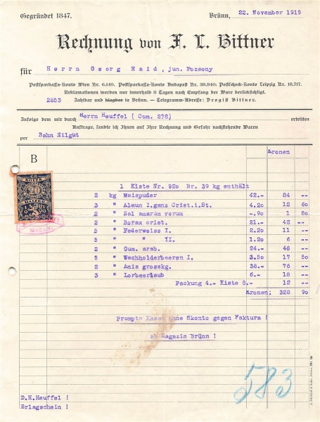 Alte Rechnung,"F.C. Bittner, Brünn" 22.11.1919