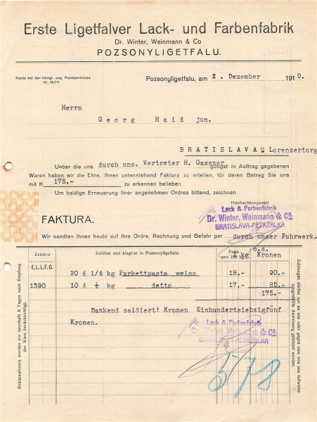 Alte Rechnung,"Dr. Winter, Weinmann & Co, Pozsonuligetfalu" 02.12.1919