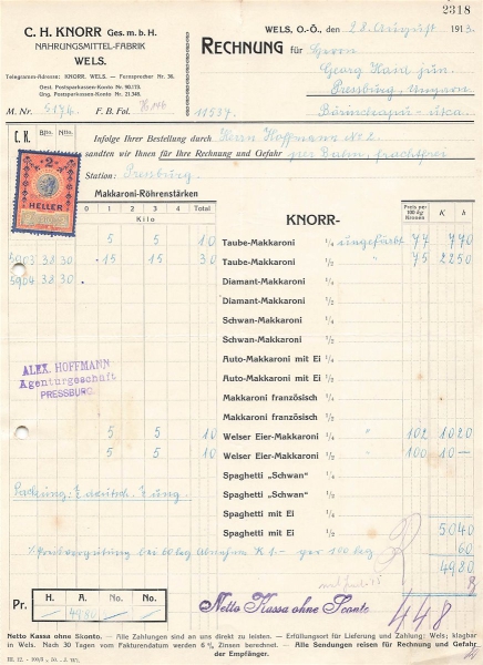 Alte Rechnung,"C. H. Knorr Ges. m. b. H., Wels" 28.08.1913