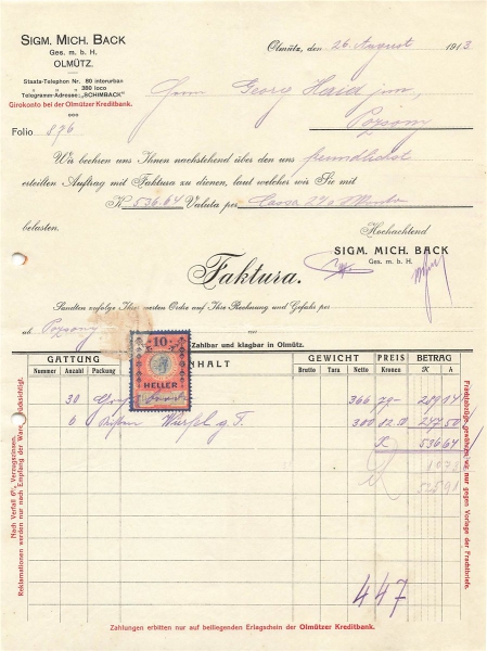 Alte Rechnung,"Sigm. Mich. Back Ges.m.b.H., Olmütz" 26.08.1913
