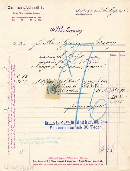 Alte Rechnung,"Chr. Heinr. Schmidt jr., Hamburg" 26.08.1913