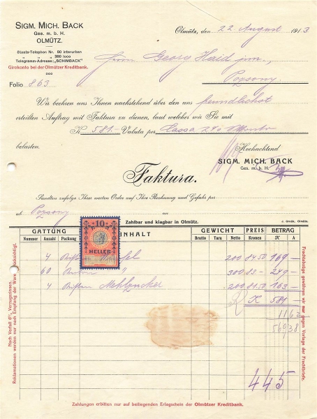 Alte Rechnung,"Sigm. Mich. Back Ges.m.b.H., Olmütz" 22.08.1913