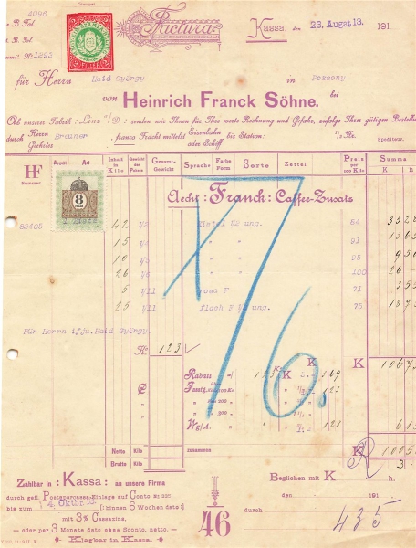 Alte Rechnung,"Heinrich Franck Söhne, Kaschau" 23.08.1913