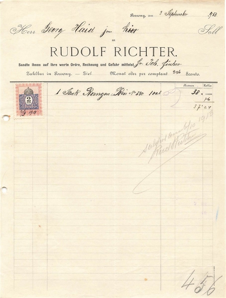 Alte Rechnung,"Rudof Richter, Possony," 02.09.1913