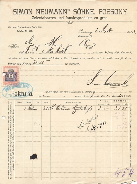 Alte Rechnung,"Simon Neumann' Söhne, Possony" 02.09.1913