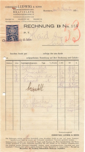 Alte Rechnung,"Christian Ludwig & Sohn, Bratislava" 13.11.1935