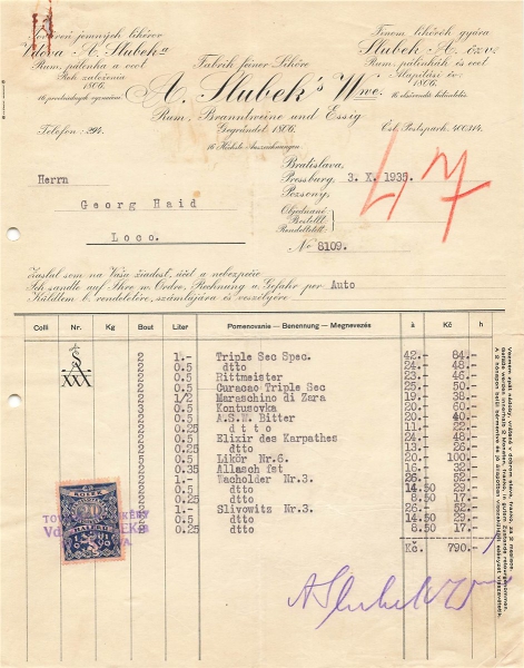 Alte Rechnung,"A. Slubek's, Bratislava" 03.10.1935