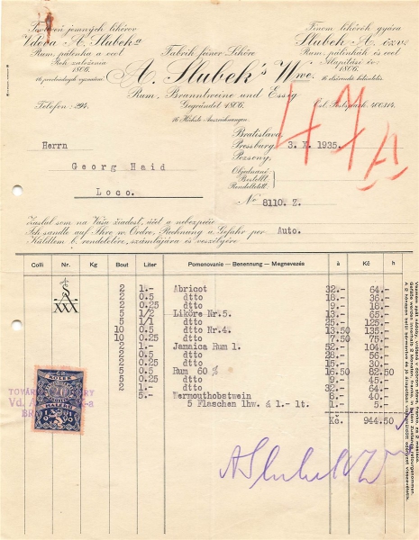 Alte Rechnung,"A. Slubek's, Pressburg" 03.10.1935