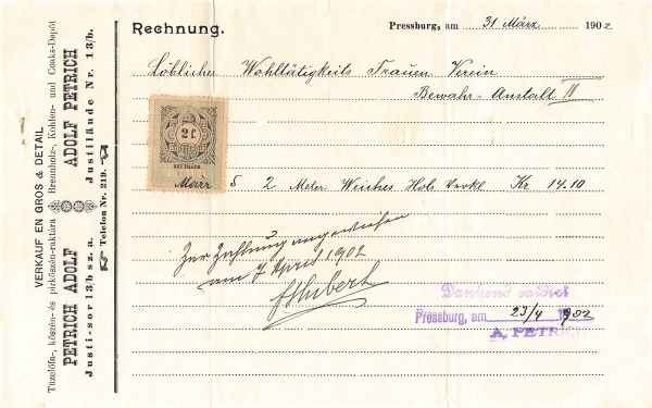 Alte Rechnung,"Petrich Adolf, Pressburg" 31.03.1902