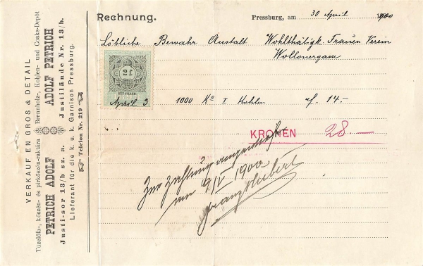 Alte Rechnung,"Petrich Adolf, Pressburg" 30.04.1900