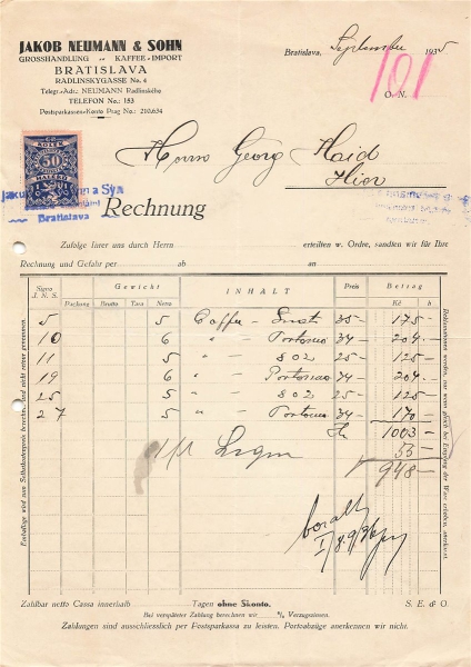 Alte Rechnung,"Jakob Neumann, Bratislava" 08.09.1935