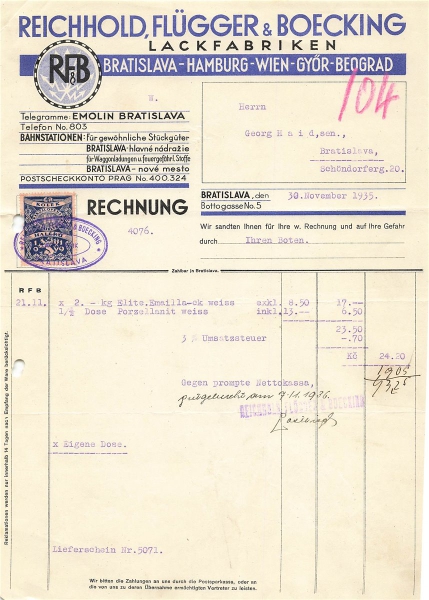 Alte Rechnung,"Reichhold, Flügger & Boecking, Bratislava" 30.11.1935