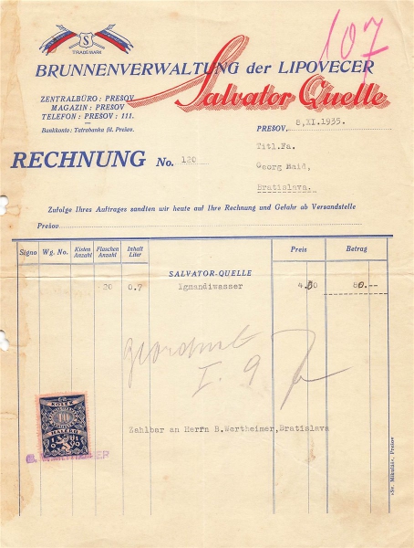 Alte Rechnung,"Salvater Quelle, Presov" 08.11.1935