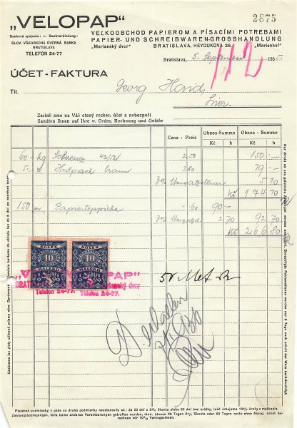 Alte Rechnung,"VELOPAP - Papiergrosshandlung, Bratislava" 03.09.1935
