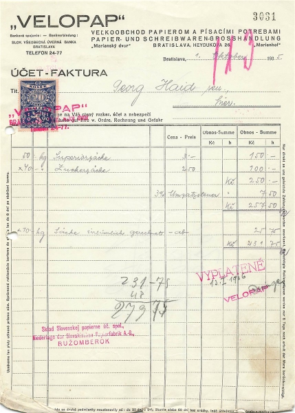 Alte Rechnung,"VELOPAP - Papiergrosshandlung, Bratislava" 01.10.1935