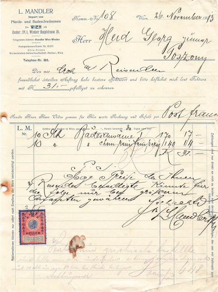 Alte Rechnung,"L. Mandler - Pferde- und Badeschwämmen, Wien" 26.11.1913