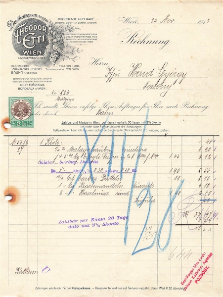Alte Rechnung,"Theodor Etti, Wien" 24.11.1913