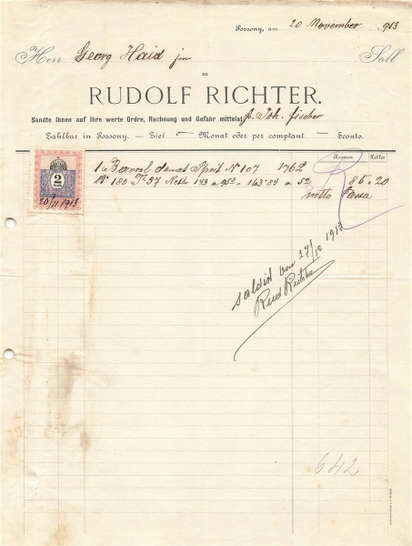 Alte Rechnung,"RUDOLF RICHTER, Pozsony" 20.11.1913