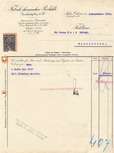 Alte Rechnung,"Fabik Chmicher Produkte m.b.H., Mähr. Ostrau" 09.09.1919