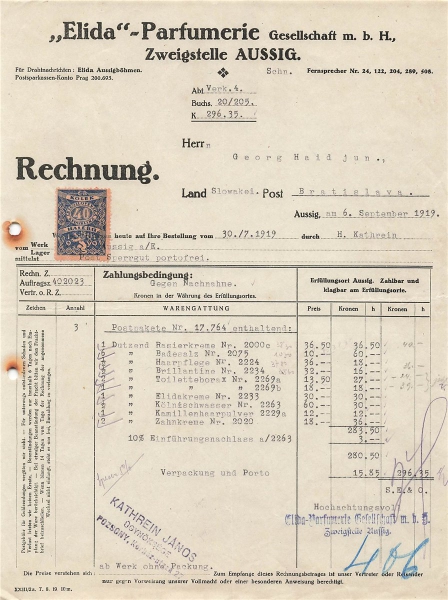 Alte Rechnung,"„Elida"- Parfumerie Geselschaft m.b.H., Aussig" 30.07.1919