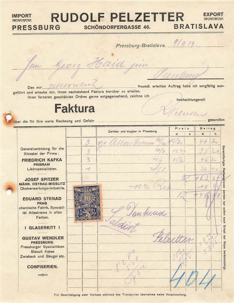Alte Rechnung,"RUDOLF PELZETTER, Pressburg" 09.09.1919
