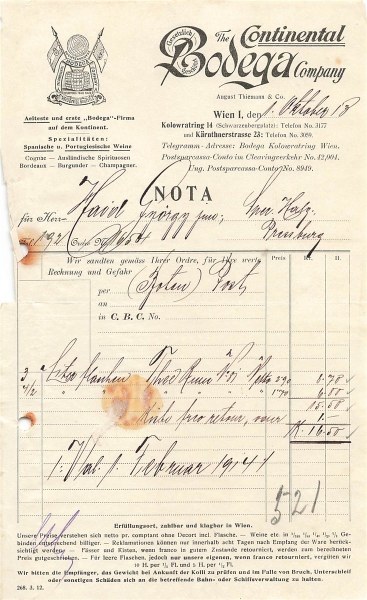 Alte Rechnung,"The Continetal Bogega Companie, Wien" 01.10.1919