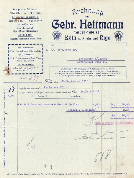 Alte Rechnung,"Gebr. Heitmann - Farben- Fabriken, Kön" 30.09.1913