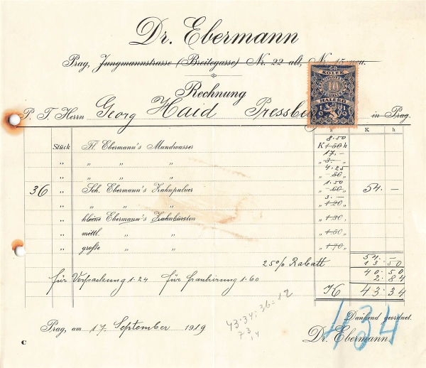 Alte Rechnung,"Dr. Ebermann, Prag" 17.09.1919