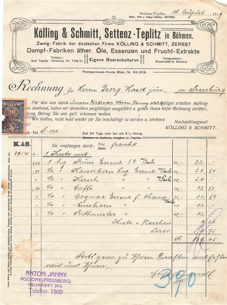 Alte Rechnung,"Kölling & Schmitt, Settenz-Teplitz in Böhmen" 18.08.1919