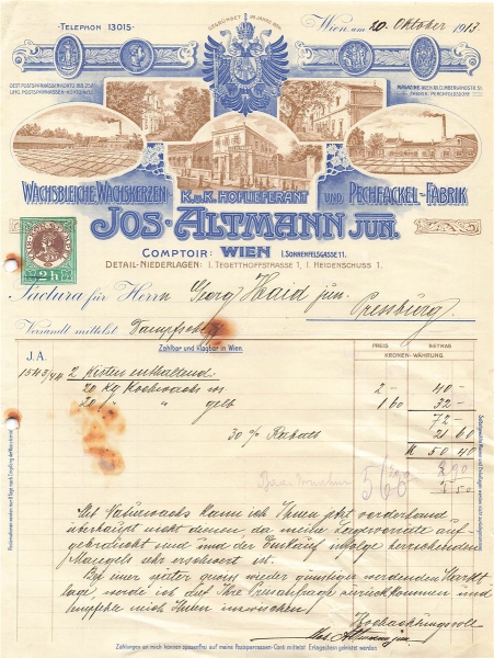 Alte Rechnung,"Jos Altmann Jun., Wien" 20.10.1913