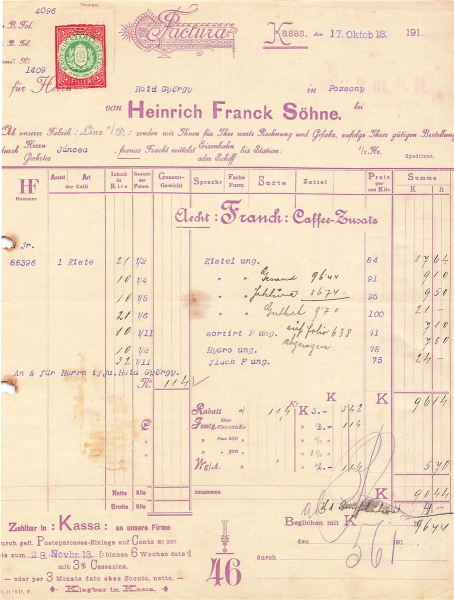 Alte Rechnung,"Heinrich Franck Söhne, Kaschau" 17.10.1913