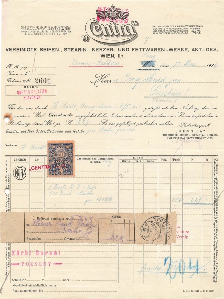 Alte Rechnung,"CENTRA - Vereinigte Seiferen & Kerzenfabik, Wien" 12.05.1919