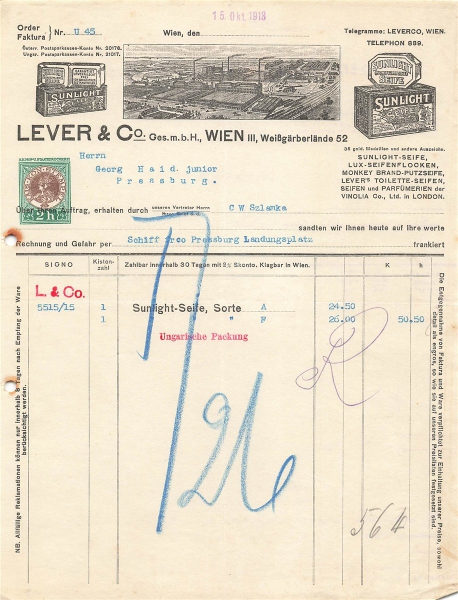 Alte Rechnung,"LEVER & CO. Ges.m.b.H, Wien" 15.10.1913