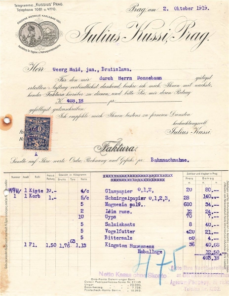 Alte Rechnung,"Julius Kussi, Prag" 02.10.1919