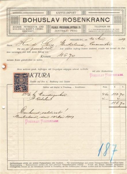 Alte Rechnung,"BOHUSLAV ROSENKRANC, Pressburg" 10.05.1919