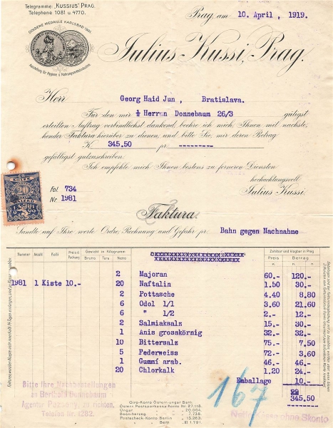 Alte Rechnung,"Julius Kussi, Prag" 10.04.1919