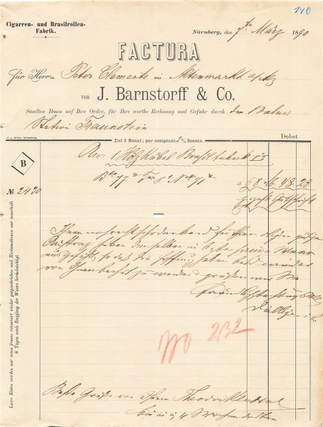 Alte Rechnung,"J. Barnstorff & Co., Nürnberg" 07.03.1890